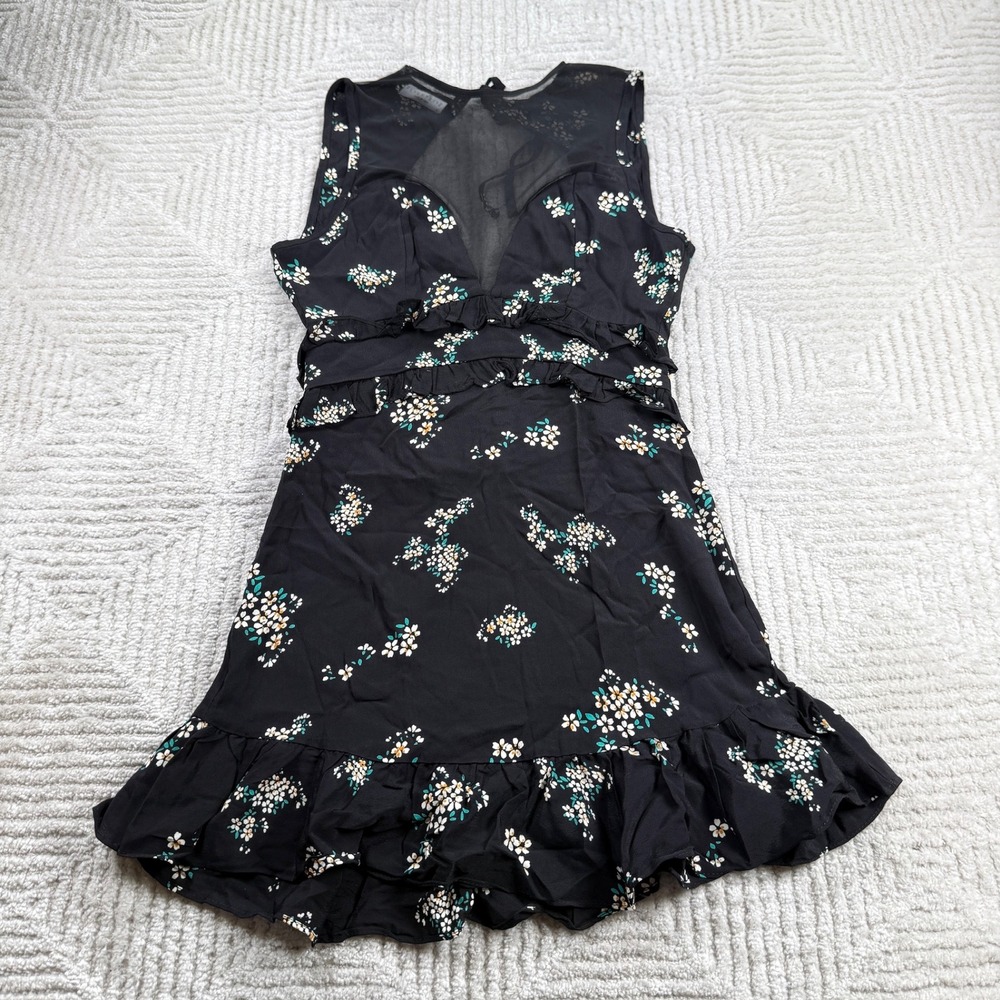 Flynn Skye Floral Mini Dress Women's Small Black Ruffle Boho Romantic Festival